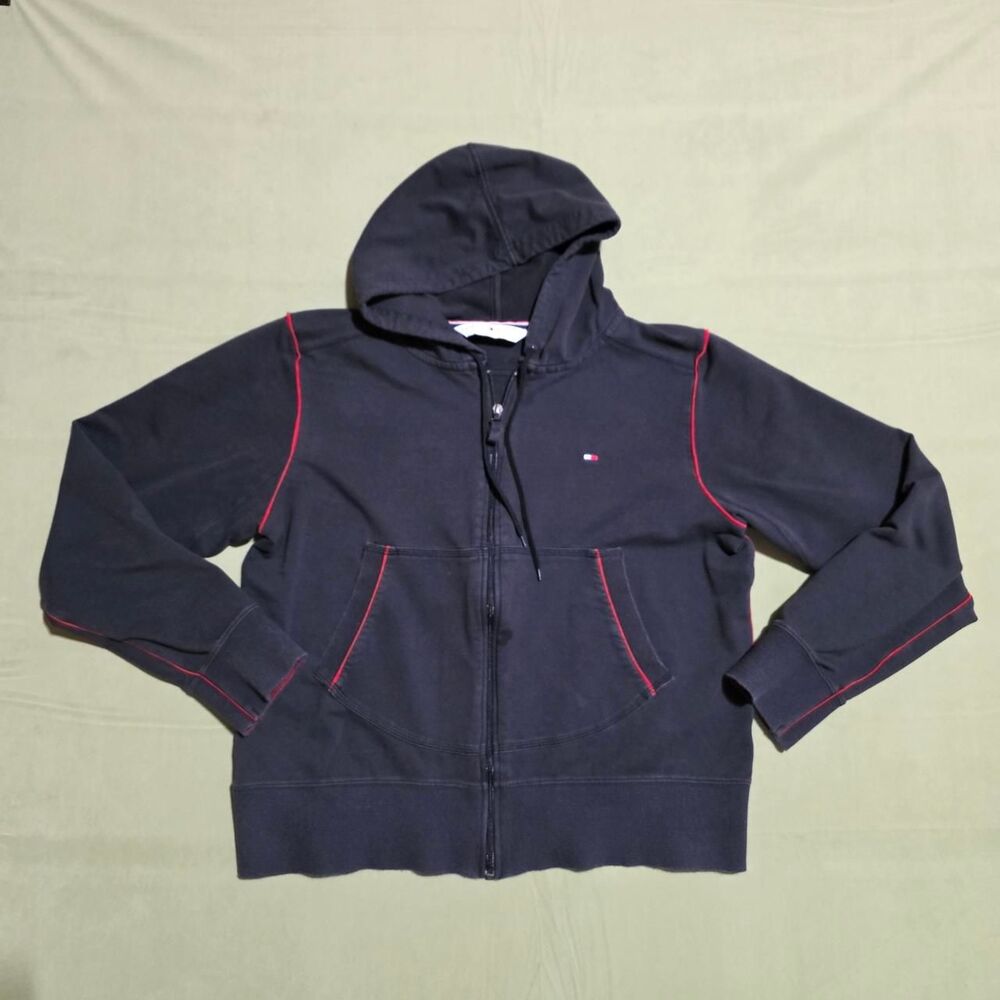 Tommy Hilfiger Y2K women's size XL navy blue zip-up hoodie with red piping